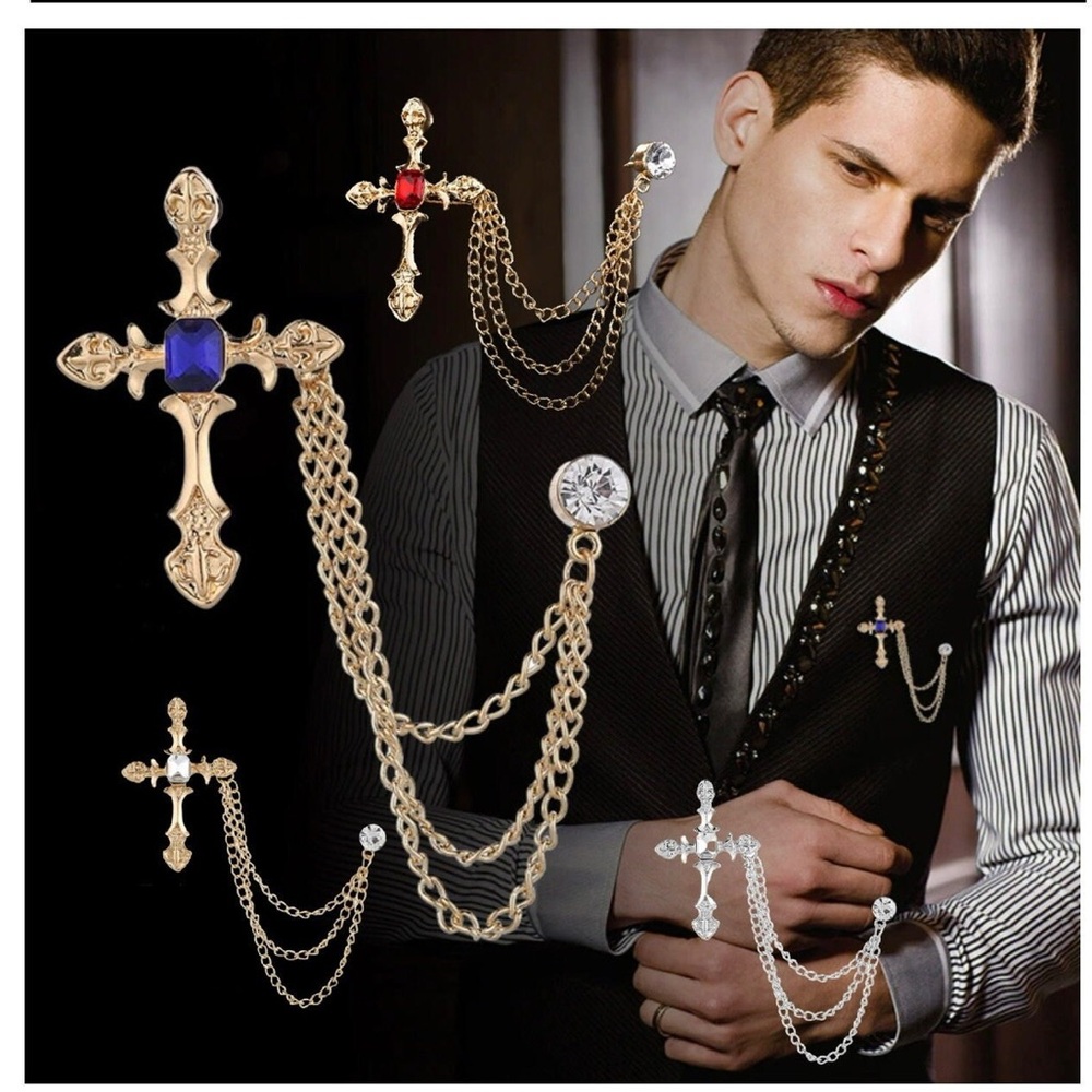 Metal Cross Brooch Crystal Rhinestone Tassel Chain Lapel Pin